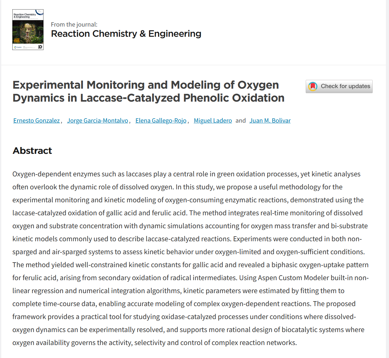 New publication: Experimental Monitoring and Modeling of Oxygen Dynamics in Laccase-Catalyzed Phenolic Oxidation 